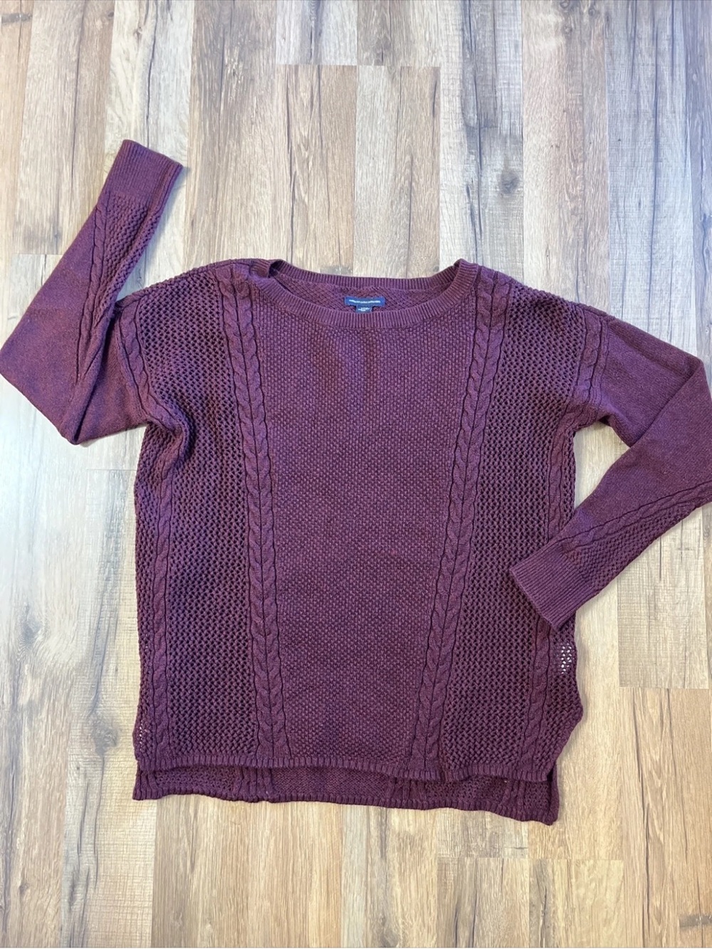 American Eagle Outfitters Burgundy Cable Knit Crewneck Sweater